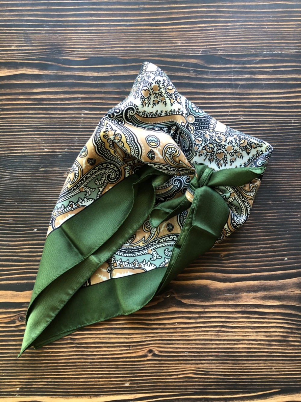 Green Cream Silk Scarf 17 Inches Square by London of Liberty - Picture 6 of 12
